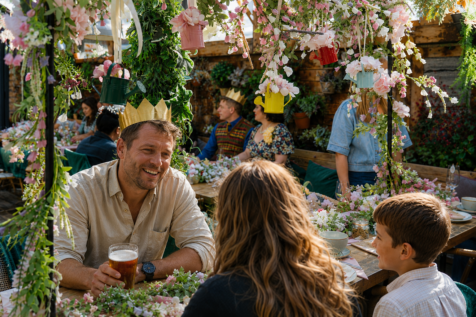 Picture is of a family enjoying drinks. The dad is wearing a gold paper crown because it's Father's Day and he is King for a Day. Floral interior in The Watering Can - a relaxed cafe bistro in south liverpool